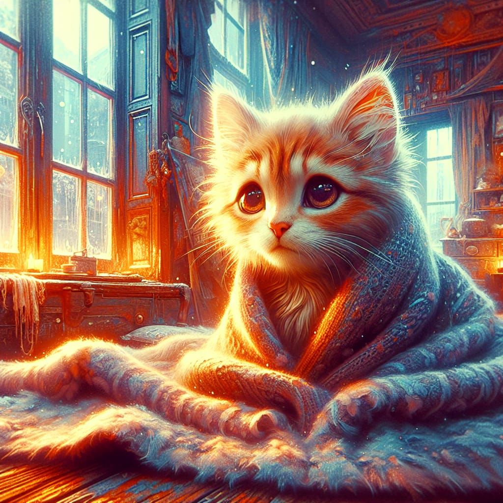 Cute Feverish Cat in Cozy Room: Matte Painting