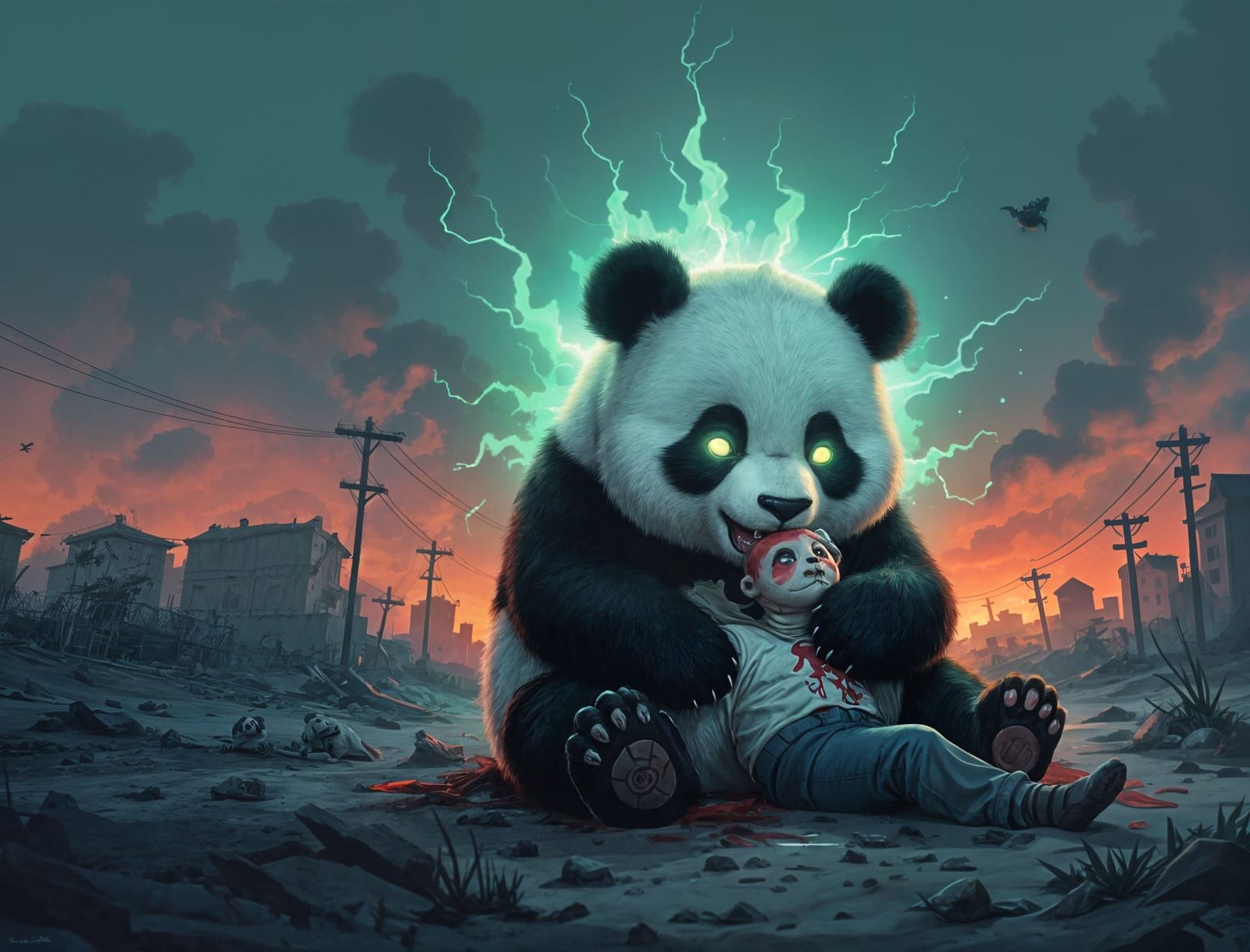 Radioactive Panda With Chibi Blush Face Eats Person
