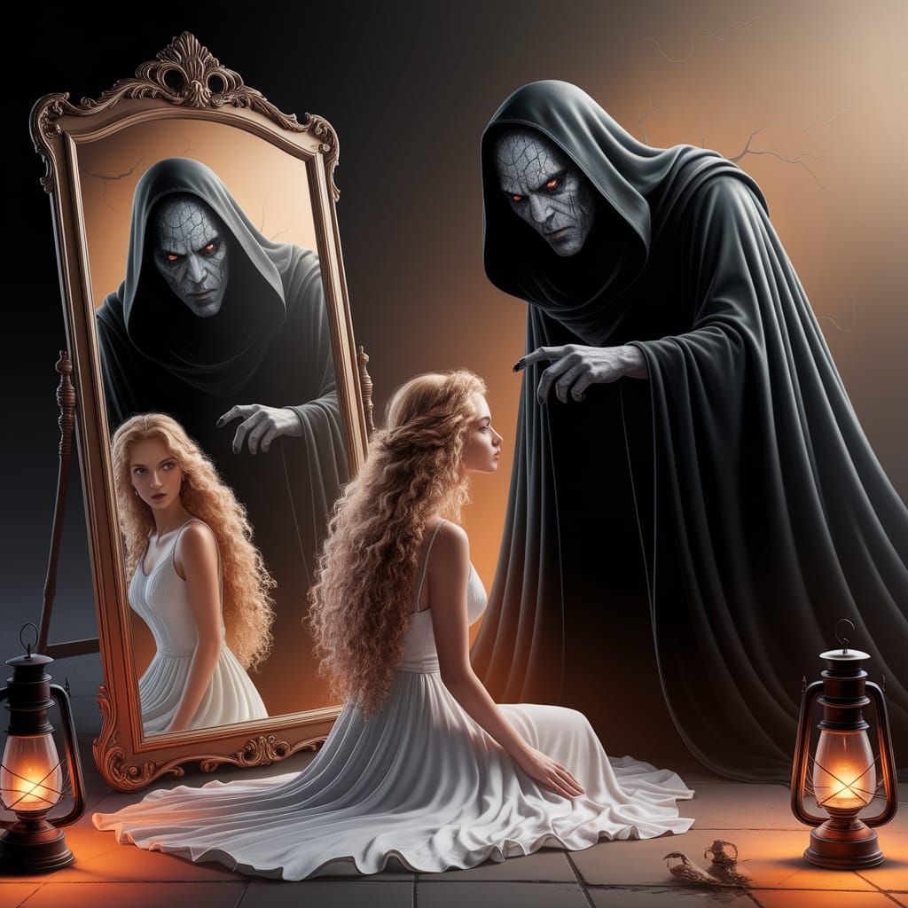 Ethereal Beauty Confronts Dark Entity in Haunting Reflection