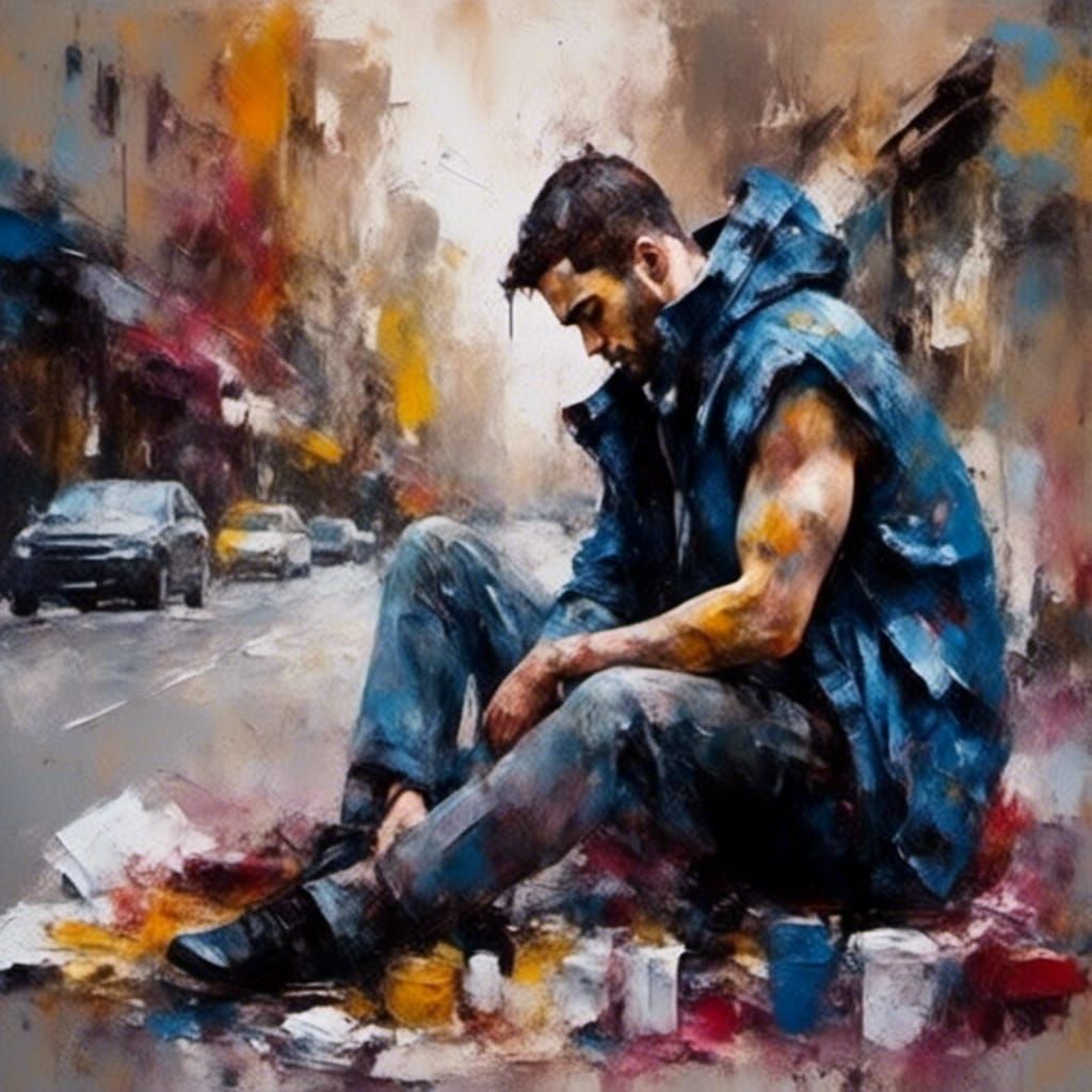 Homeless Person Surrounded by Art Supplies