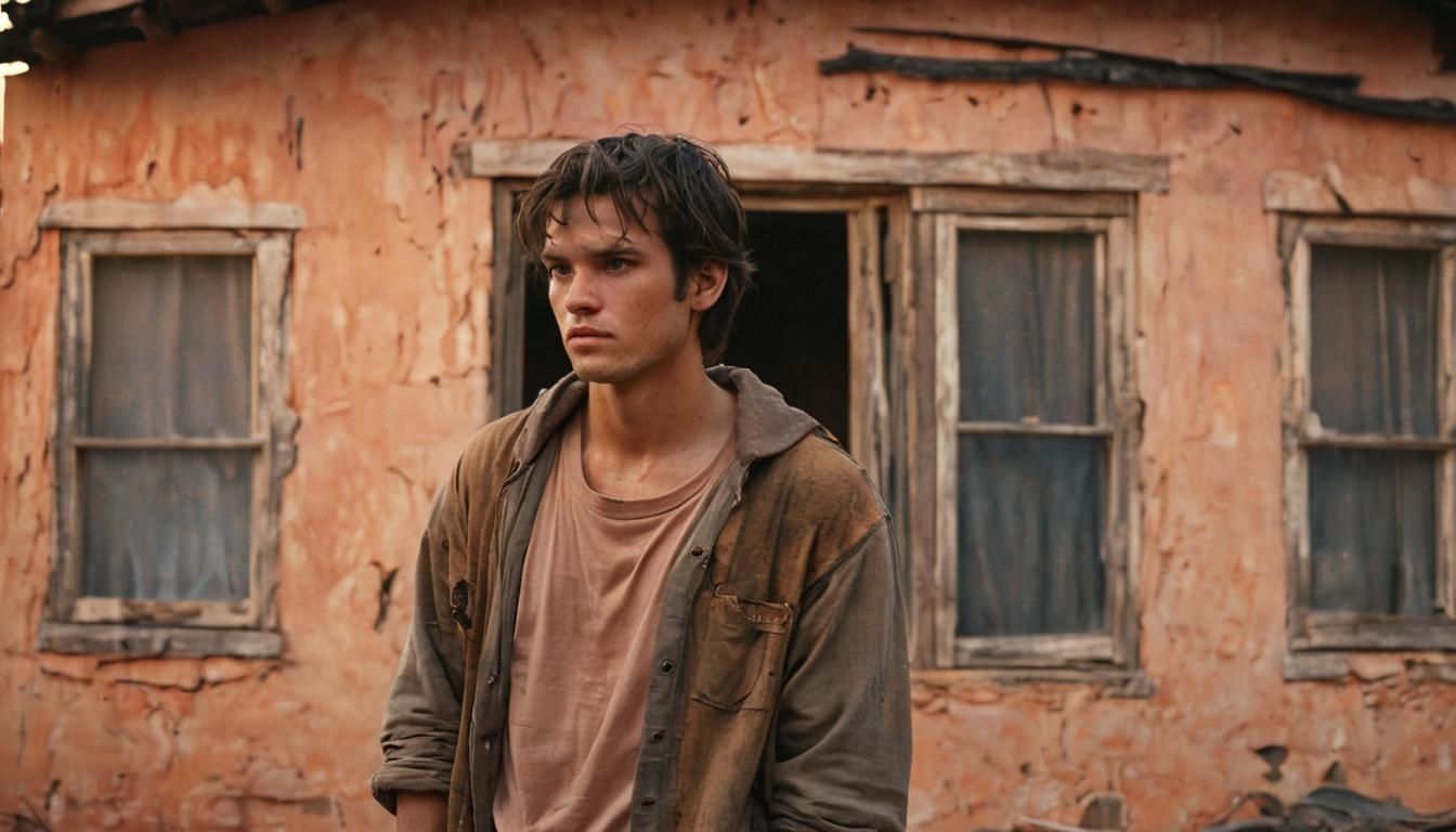 Anime Young Man Stands Before His Home at Sunset