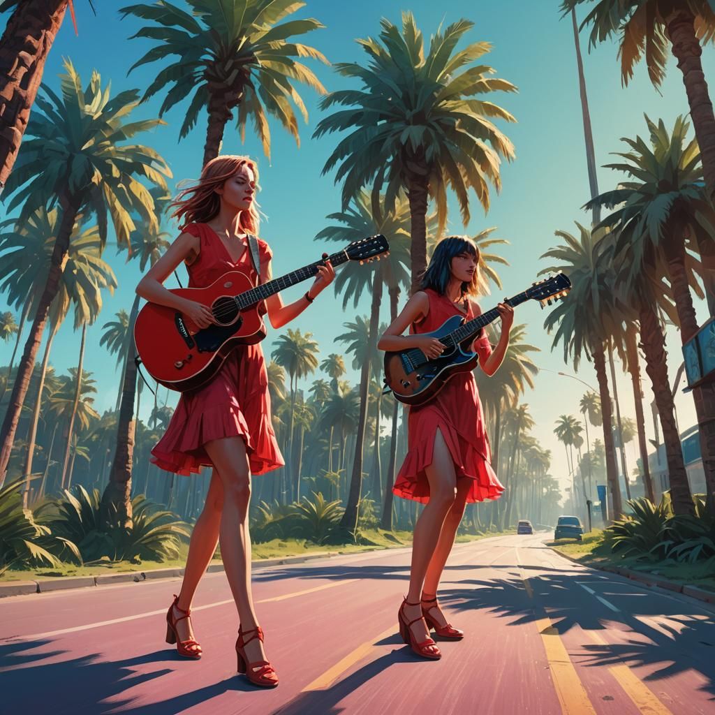 Girl Plays Guitar on Sunny Road, Fantasy Art