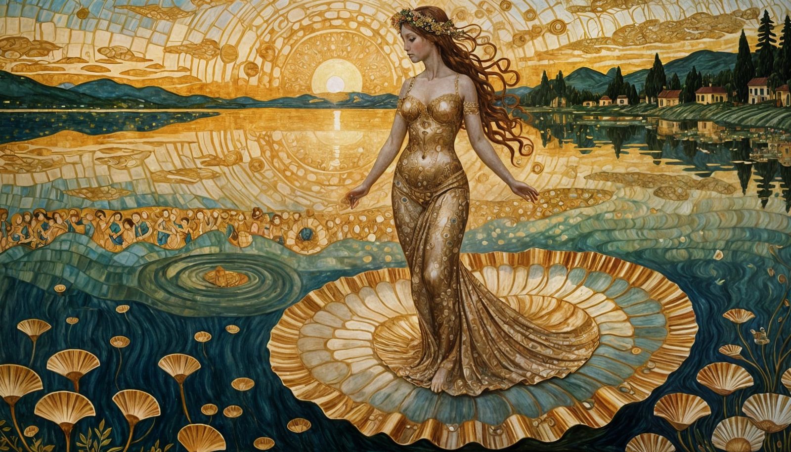 Venus Emerges from Cosmic Ocean in Art Nouveau Style