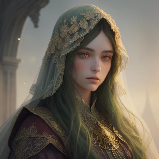 Ethereal Woman with Ornate Hood in Art Nouveau Style