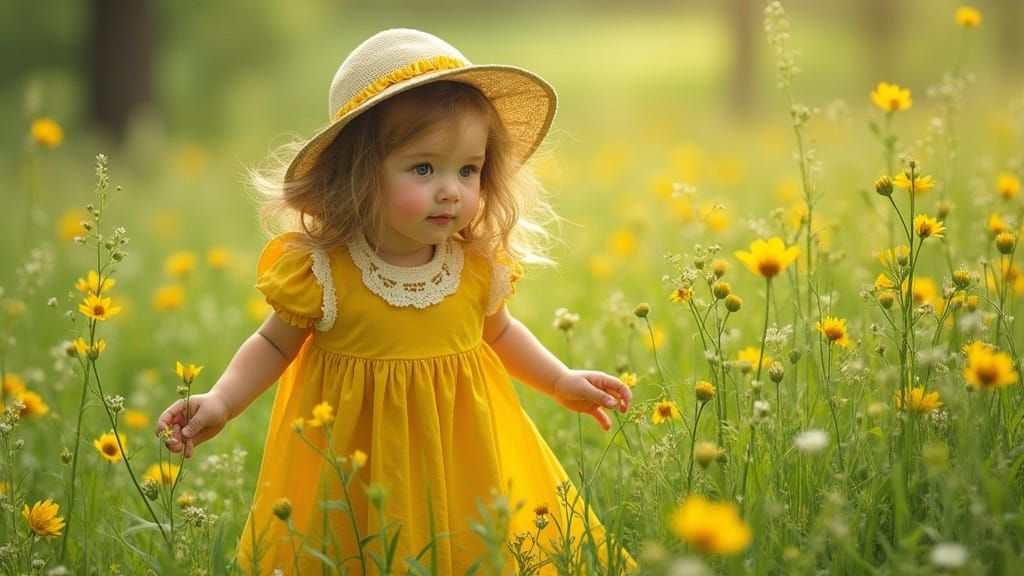 Girl in Meadow, Vintage Illustration Style