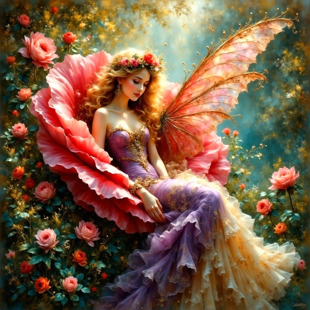 Ethereal Elf and Blond Winged Princess in English Garden