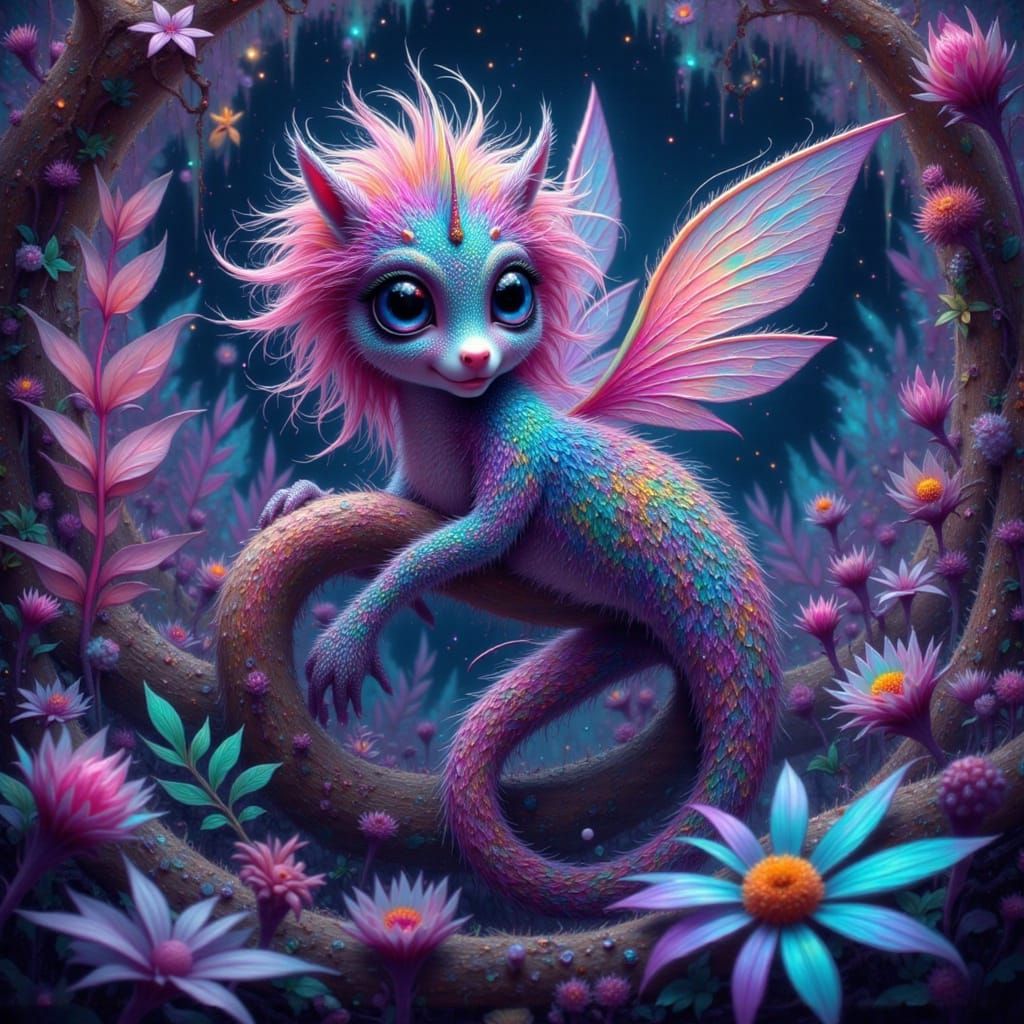 Rainbow Seahorse in Bioluminescent Cave: Fairy-Punk Style