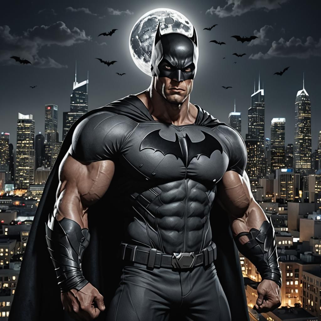 Muscular Superhero with Bat Symbol in Dark City