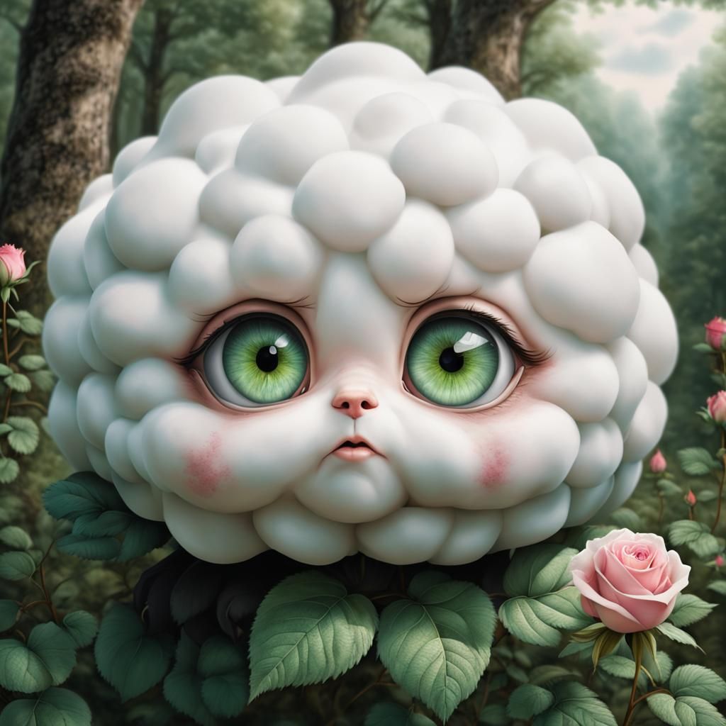 Cute Cloud Resting on Rose in Hyperrealistic Style