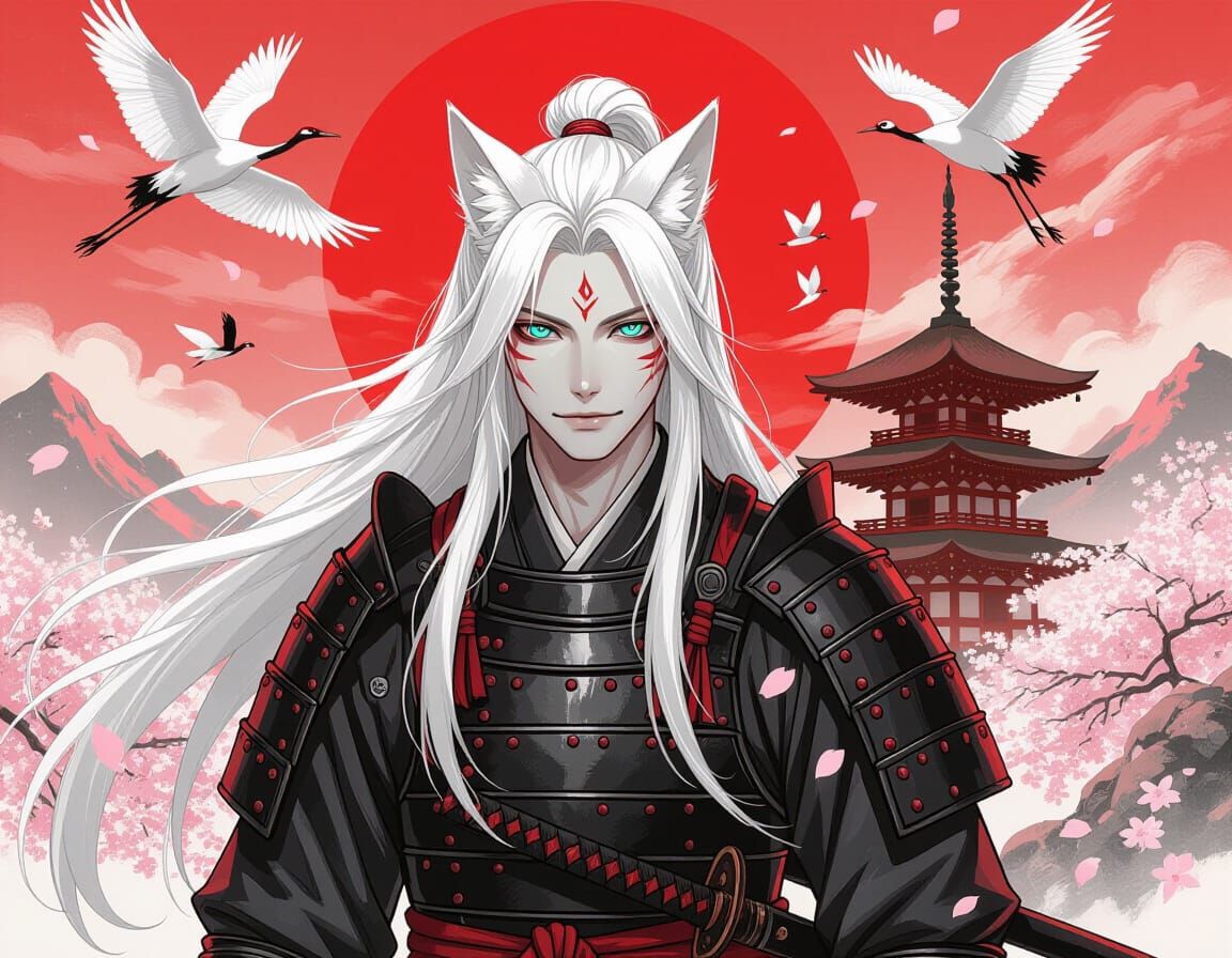 Kitsune Samurai in Charcoal Drawing Style