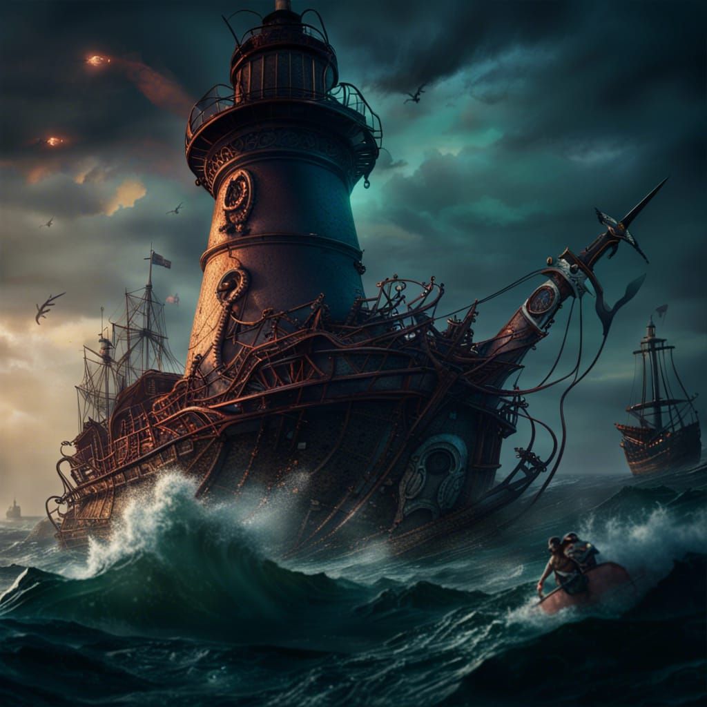 Kraken Attack on Lighthouse: Fantasy Concept Art