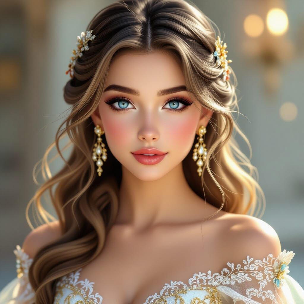 Elegant Blonde Woman in Ornate Gown: 3D Anime Art