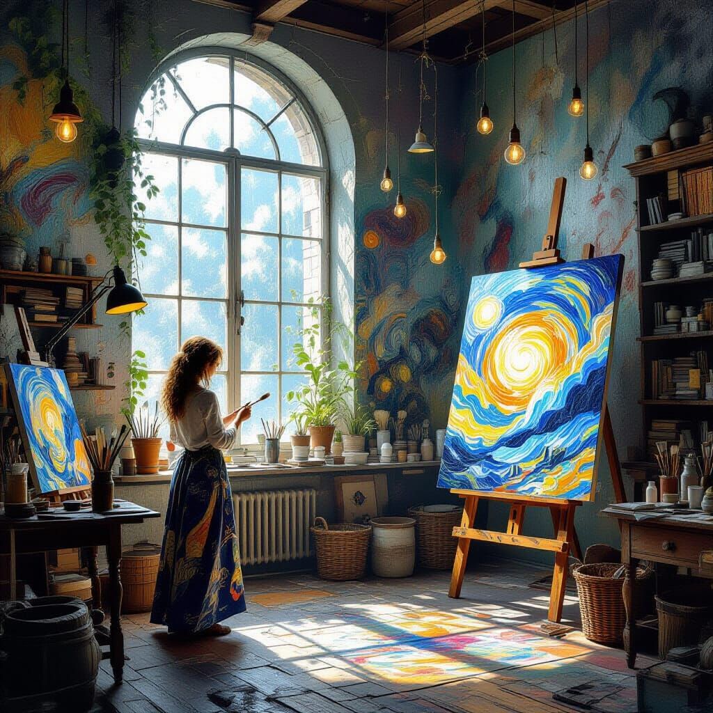 Enchanted Artist Studio with Ethereal Glow and Floating Brus...