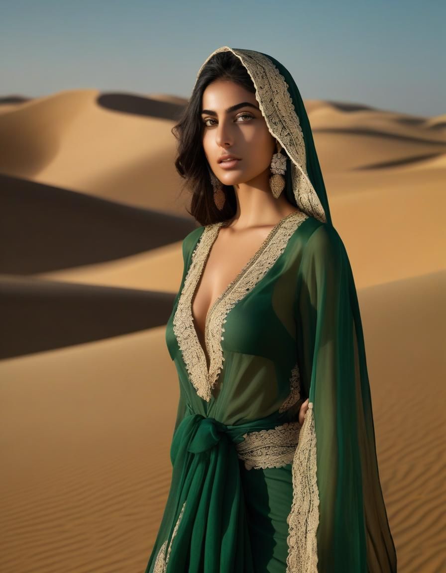 Iranian Woman Walking in Desert in Sheer Robes