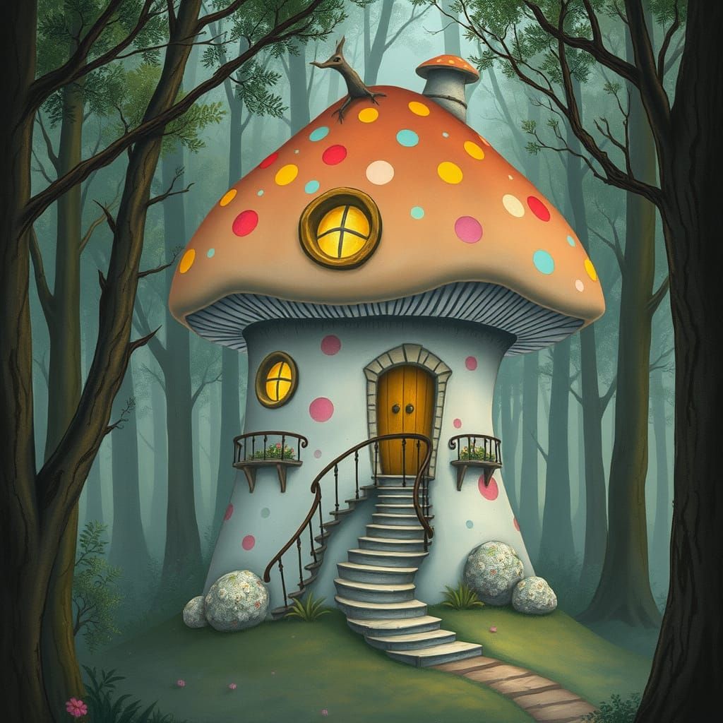 Mushroom Birdhouse in Enchanted Forest, Fairytale Illustrati...