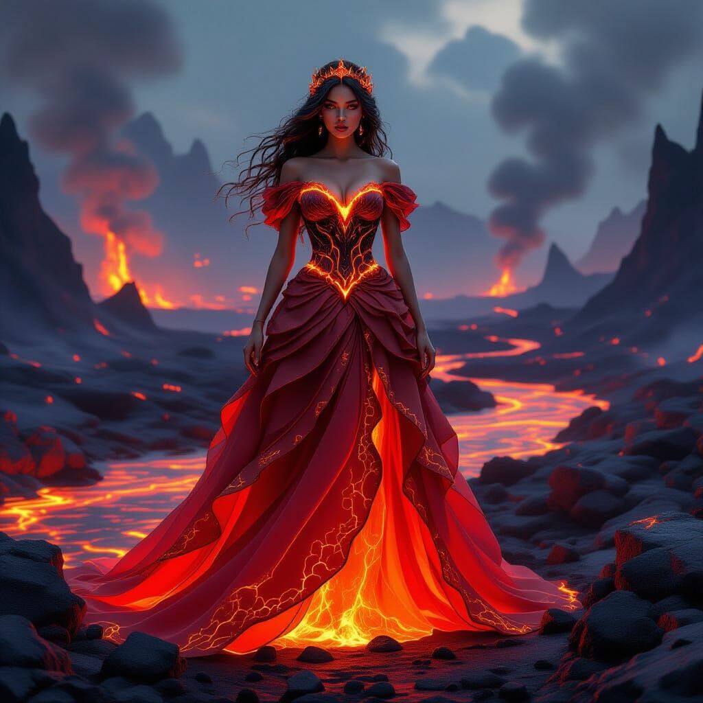 Lava Princess in Volcanic Landscape, Hyperrealistic Illustra...