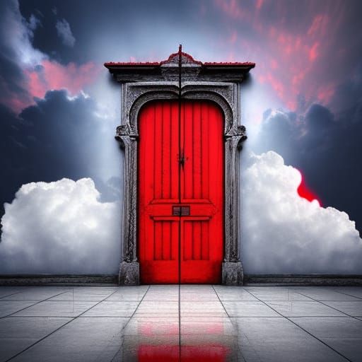 Glowing Red Door in Cloudscape: Digital Matte Painting