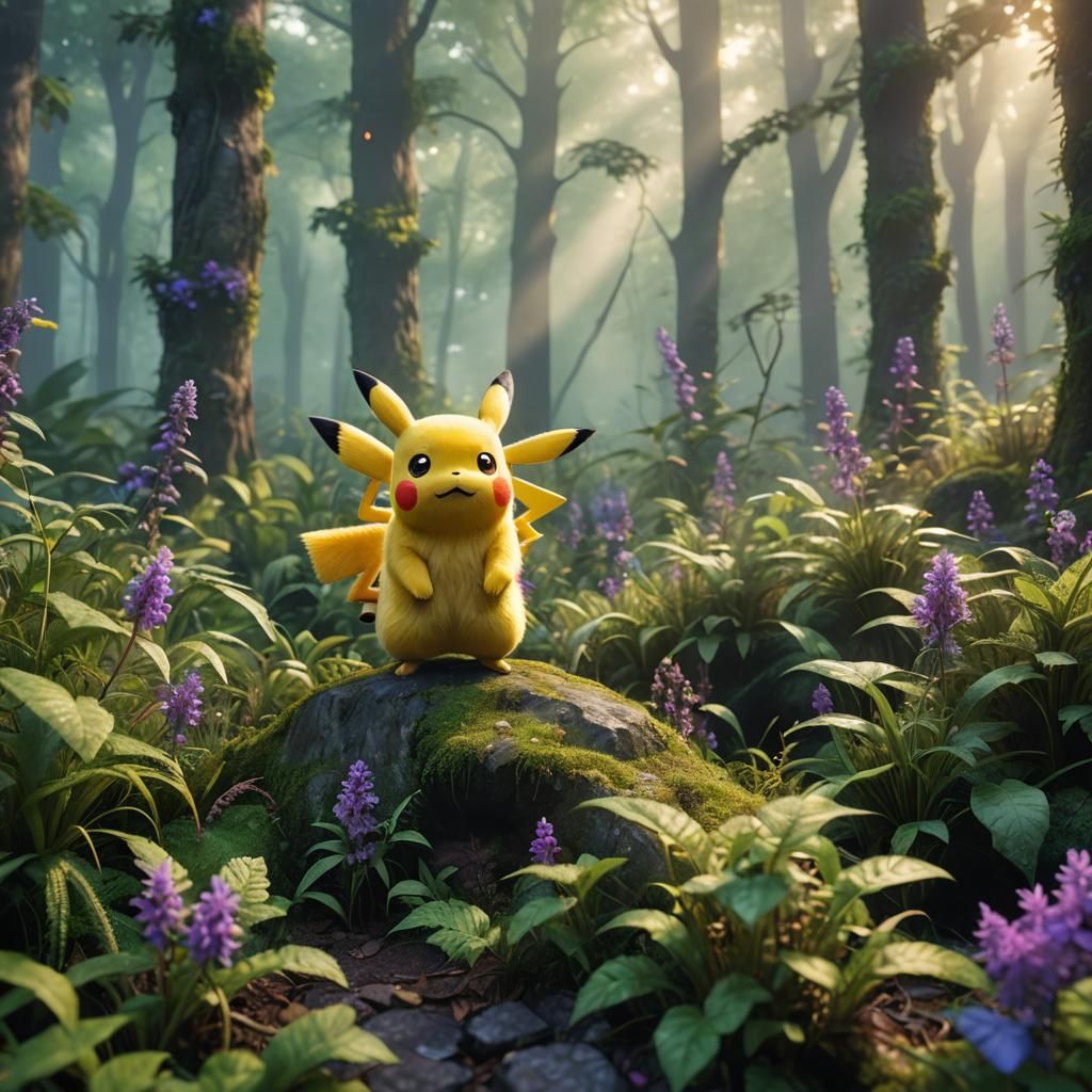 Pikachu in Misty Forest: Hyperrealistic 3D Rendering