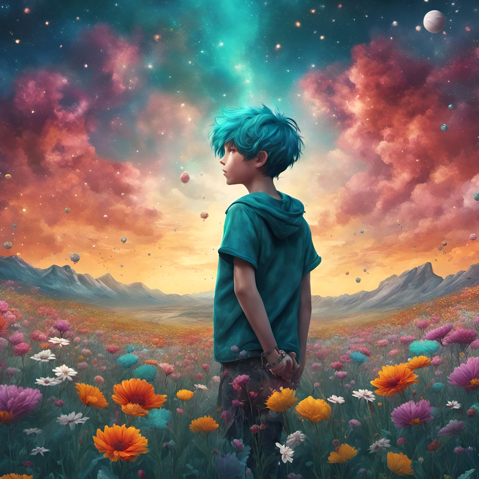 Teal-Haired Boy in Starry Flower Field