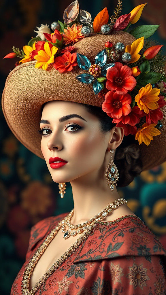 Elegant Lady in Floral and Gemmed Hat