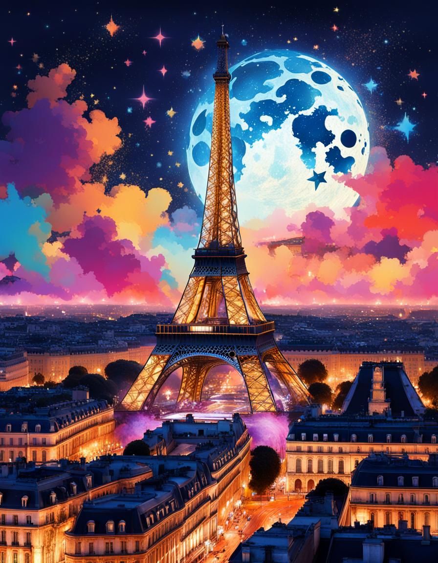 Eiffel Tower at Night: Hyperrealistic Splash Art