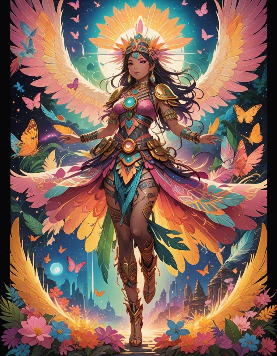 Epic Fantasy Aztec Shaman with Vibrant, Glowing Wings in a M...