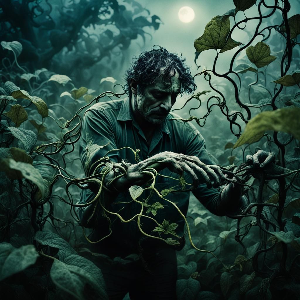 Botanical Surrealism: Man Entangled in Castor Bean Vine
