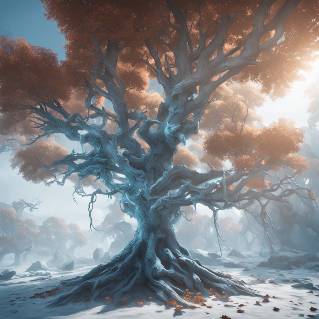 Futuristic Metallic Tree in Sci-Fi Landscape