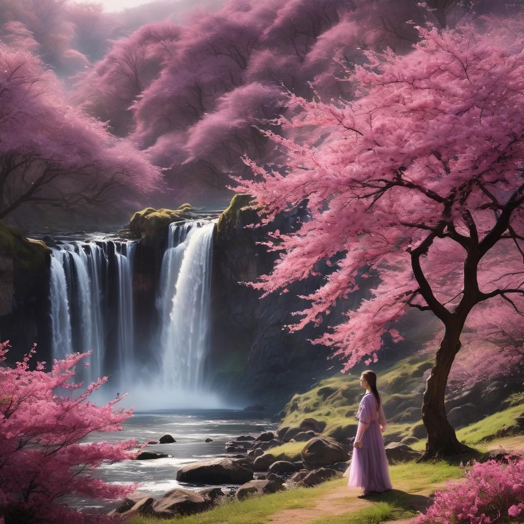 Impressionist Sakura Tree and Waterfall in Monochrome