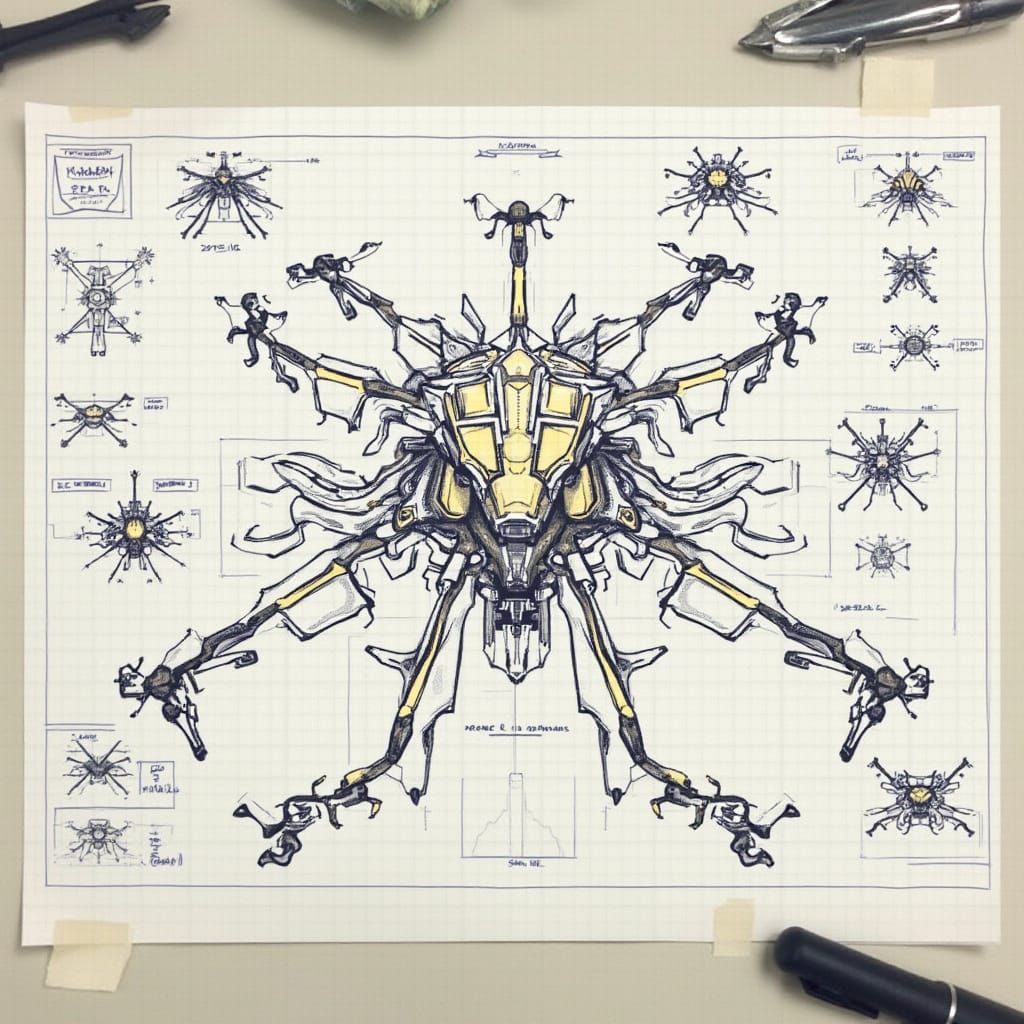 Futuristic Drone Hive Schematic in Acrylic Palette Knife Sty...