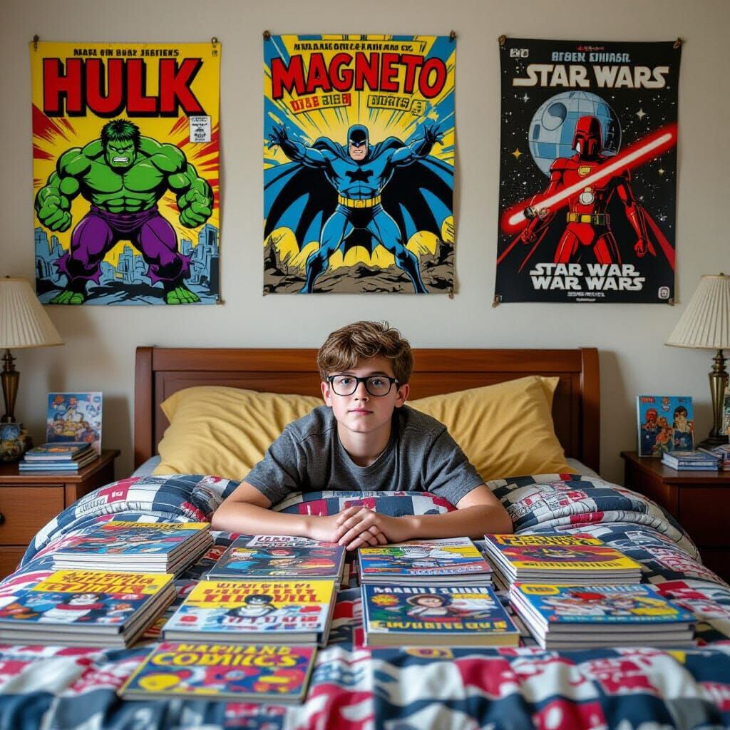 Boy's Marvel Comic Room, 1970s Cinematic Shot