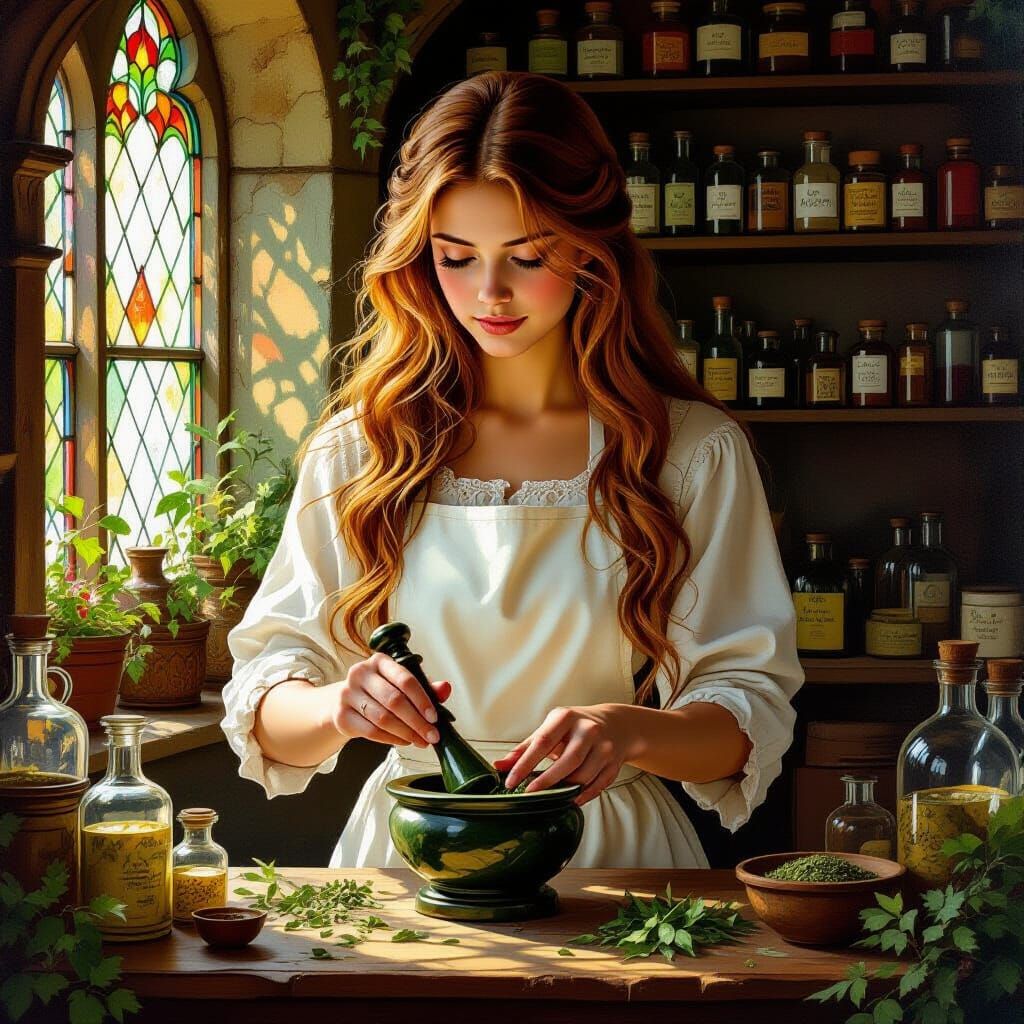 Medieval Apothecary Scene in Pre-Raphaelite Style