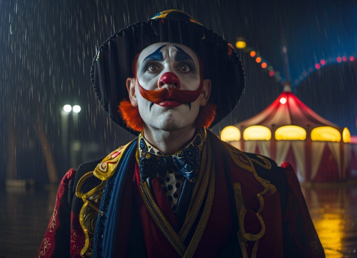 A sad clown in the rain