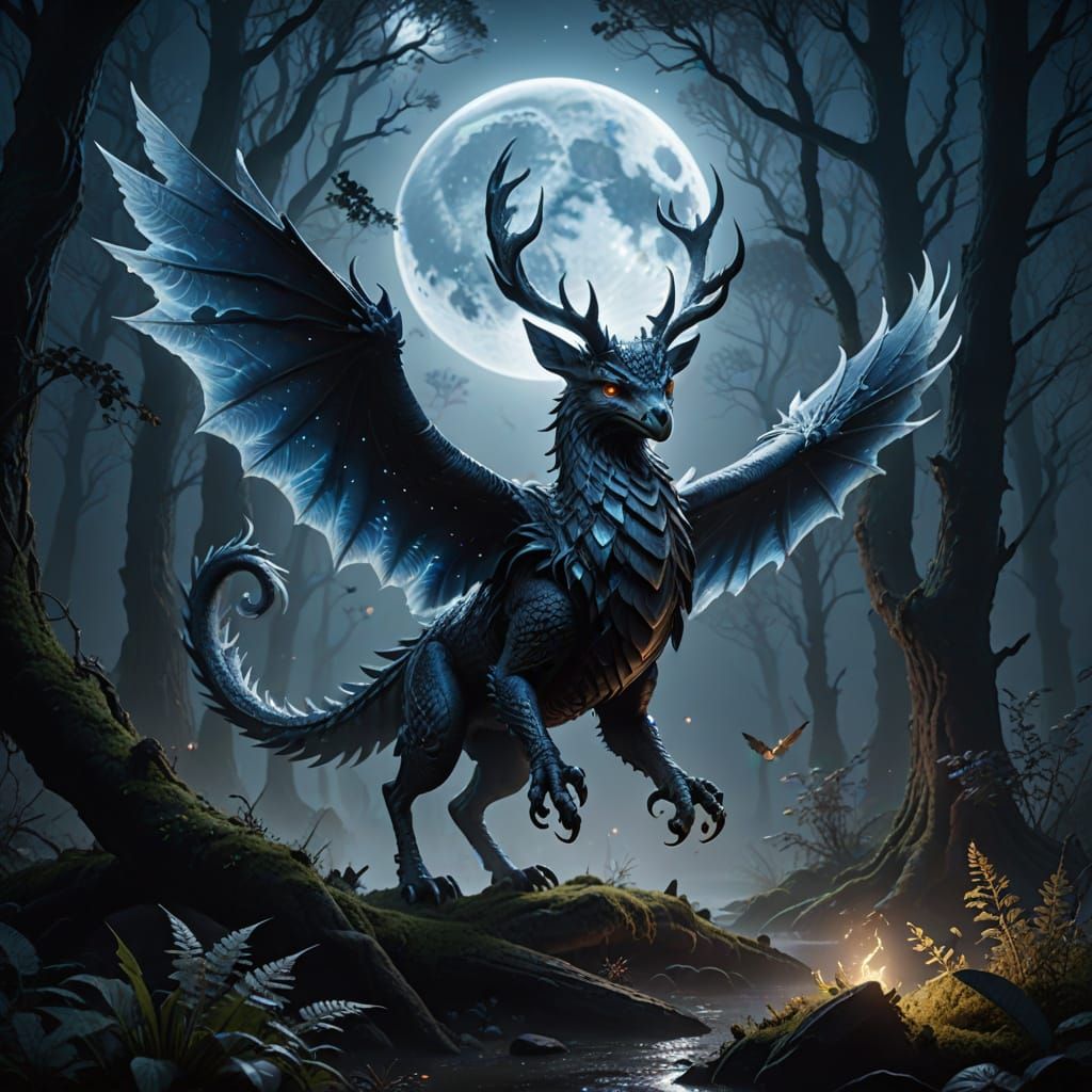 Mystical Dragon Stag Owl Hybrid Soars Under Ethereal Moonlig...