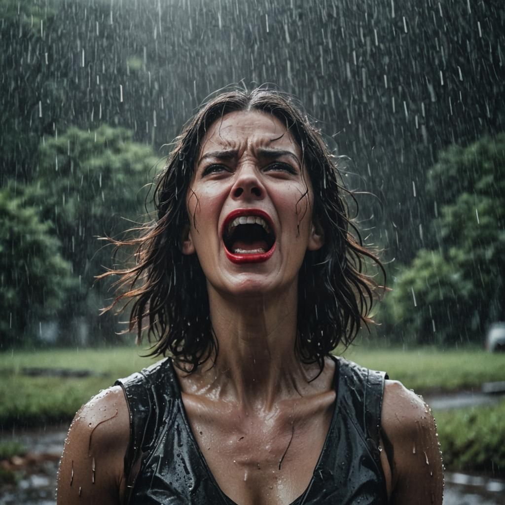 Dramatic Close-Up of Woman Screaming in Rain