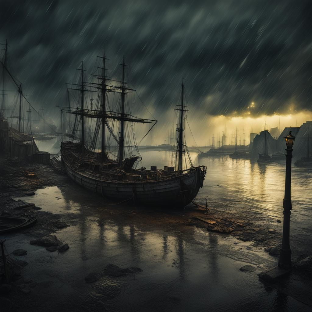 Golden Hour Rainstorm over Old Harbor: Cinematic Lighting