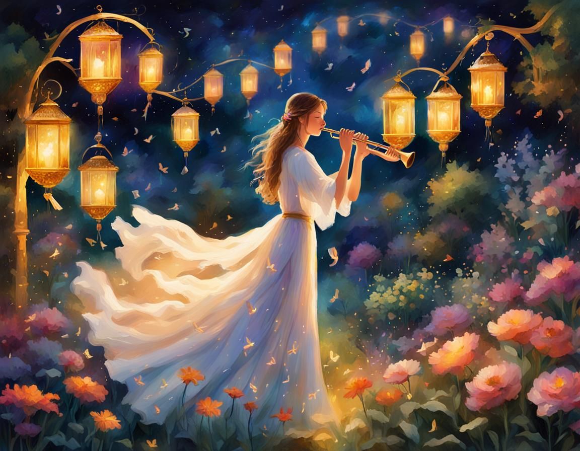 Dreamy Garden Flute Player in Romantic Style