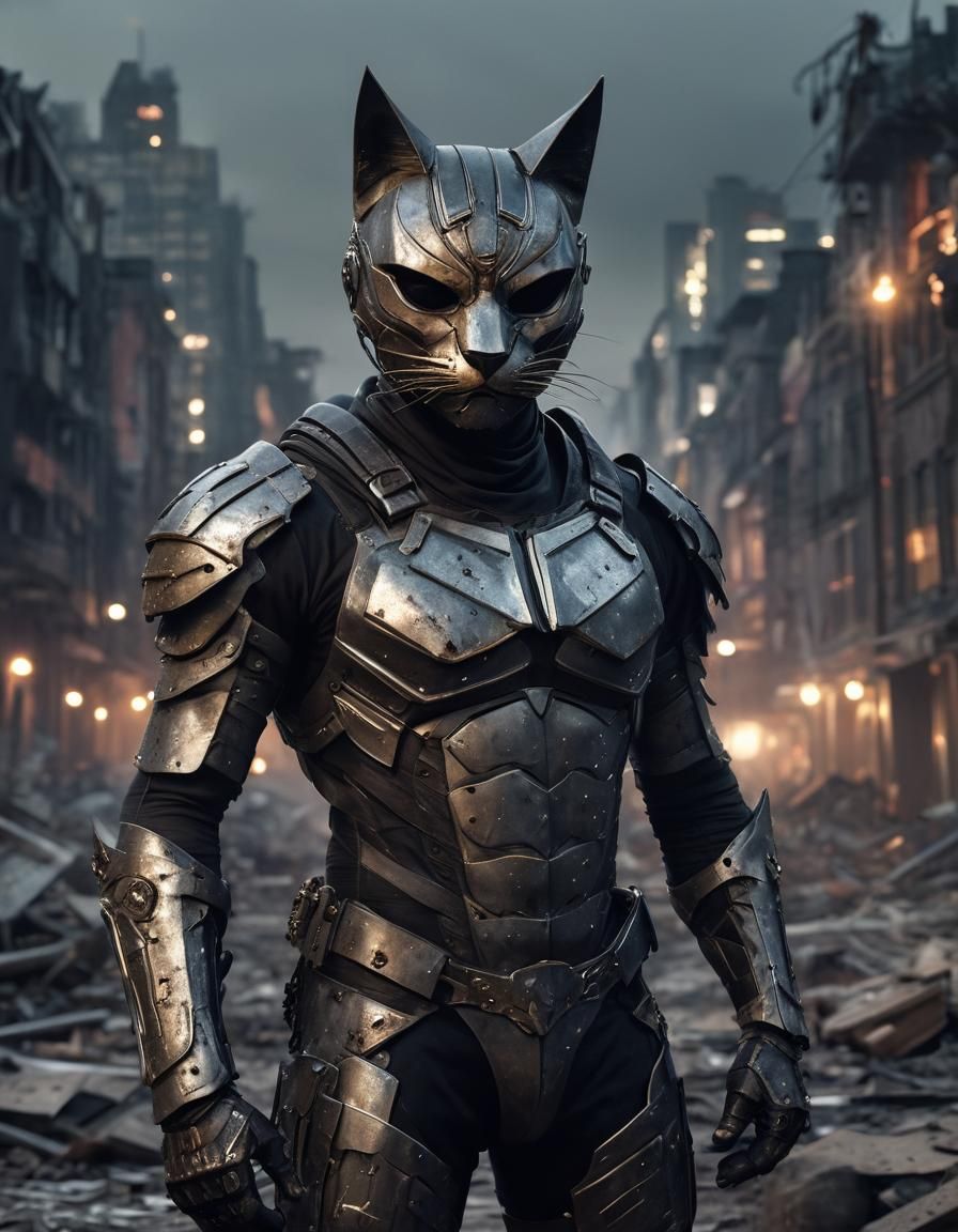 Heroic Catman in Destroyed City, Hyper-Realistic Portrait