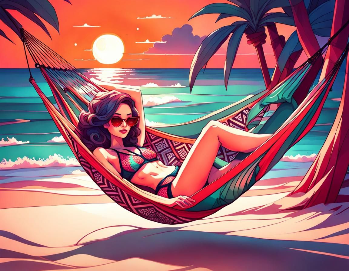 Woman in Hammock at Sunset, Zentangle Art