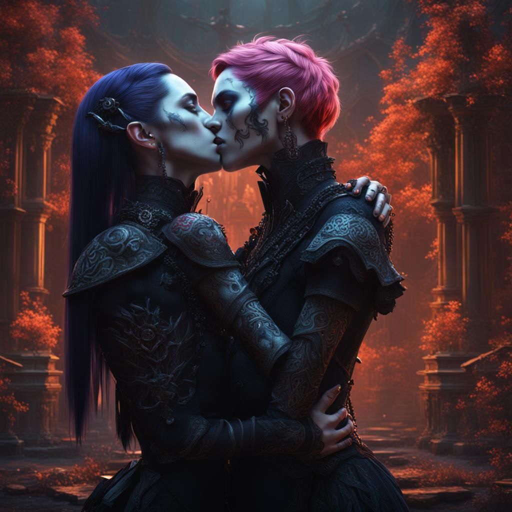 Passionate Goth Lesbian Lovers Kissing
