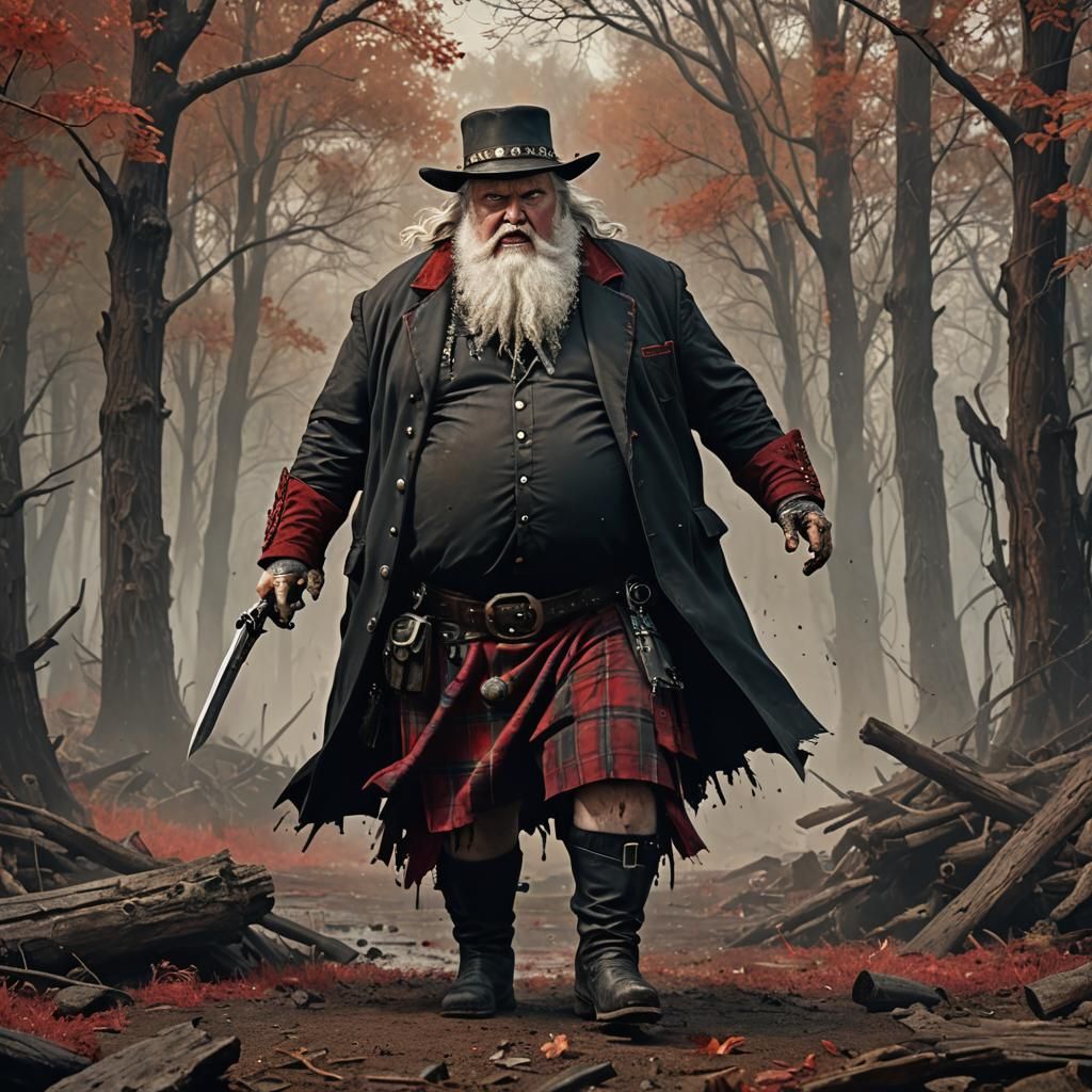 Fantasy Kilted Man Looks in Horror