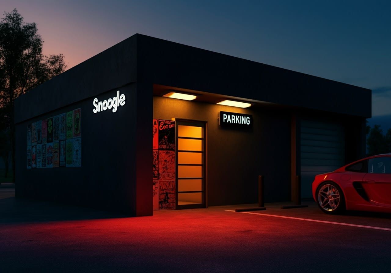 Snoogle Building at Night in Neon and Golden Light