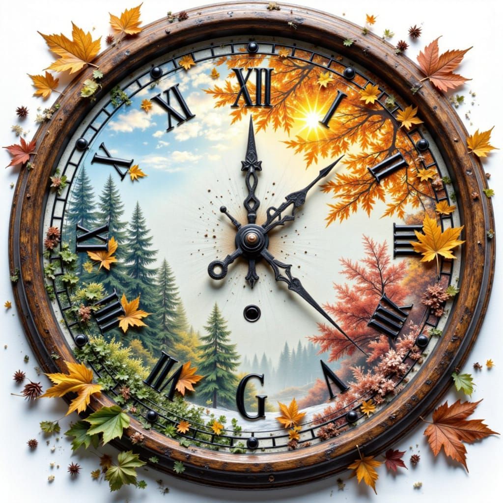 Clock Face Illustrating Four Seasons at 5 O'Clock
