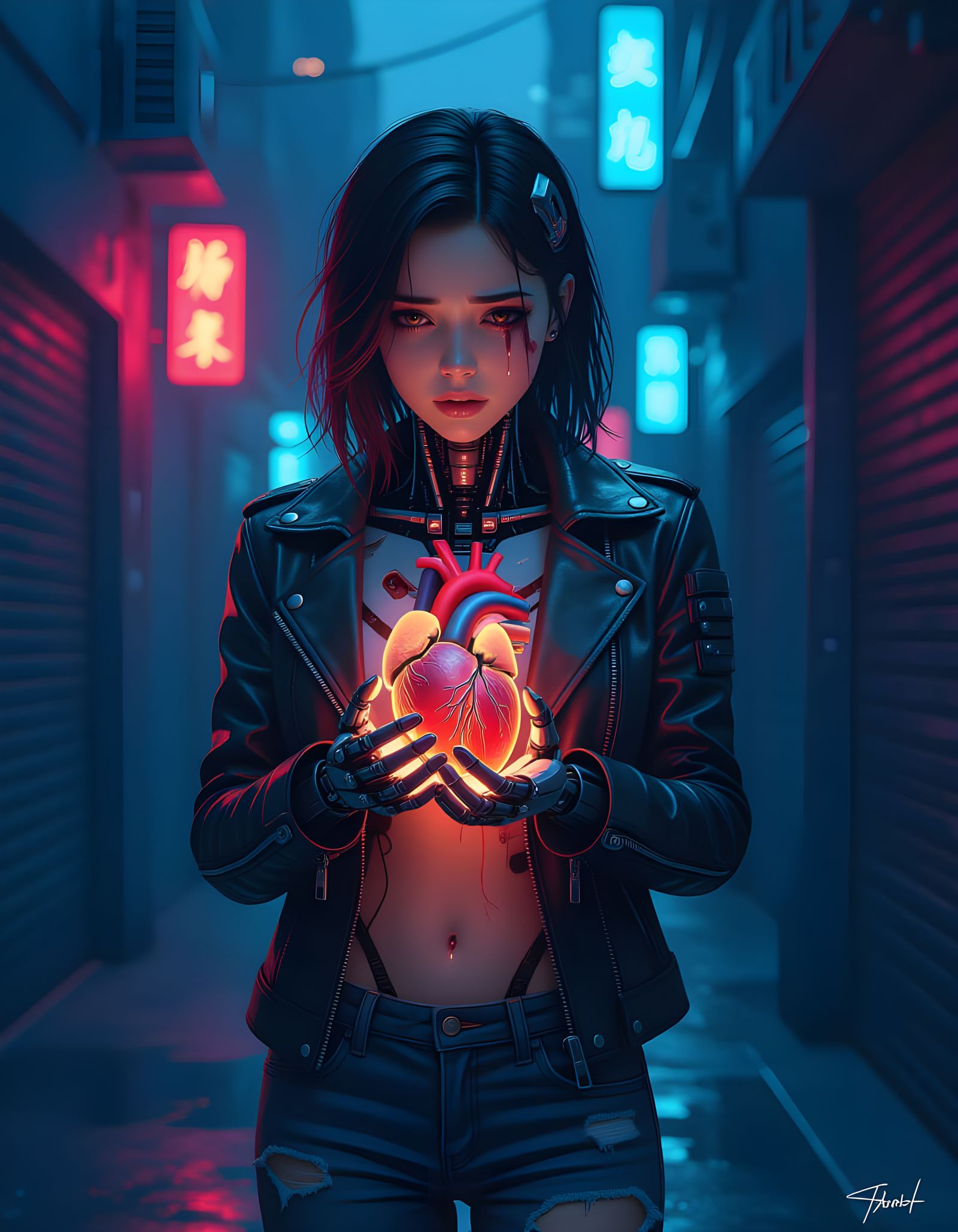 Cyborg Girl with Heart in Cyberpunk Style