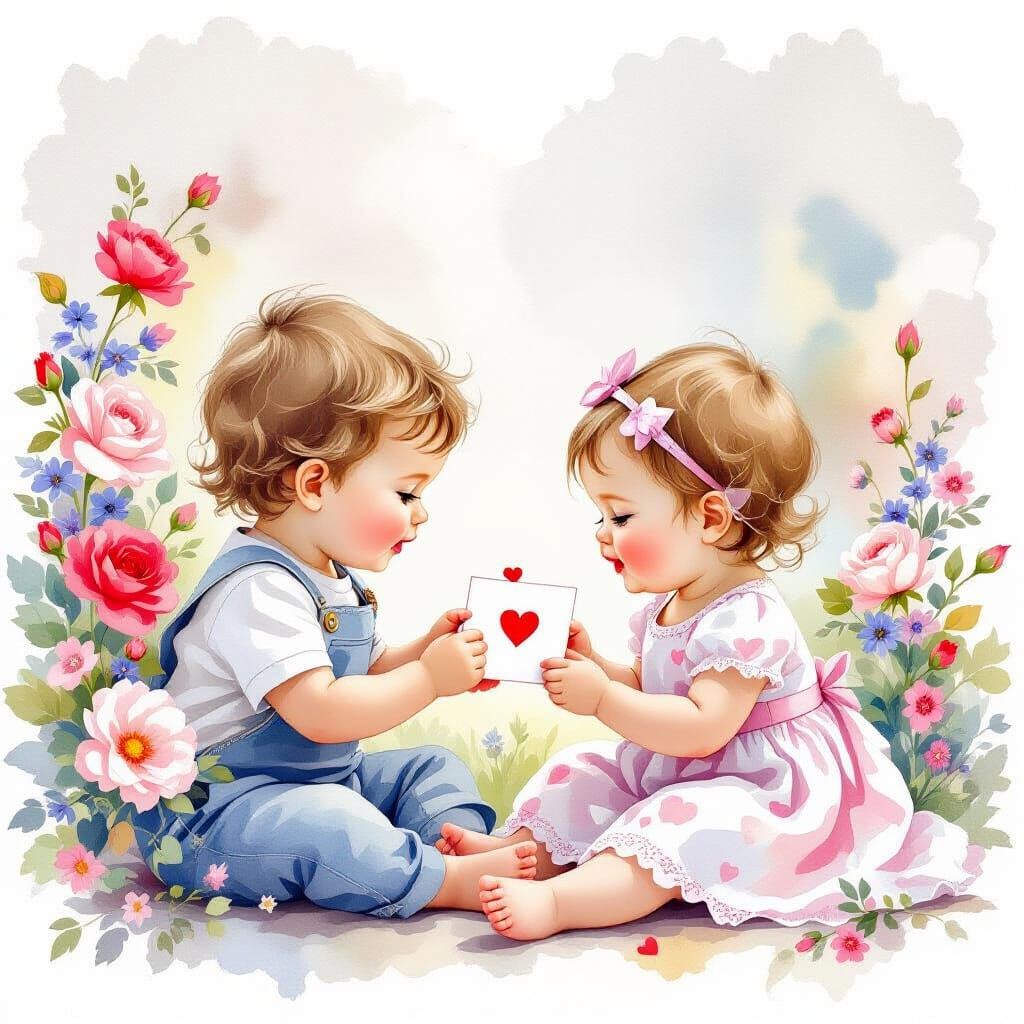 Ethereal Watercolour of Siblings Exchanging Valentines
