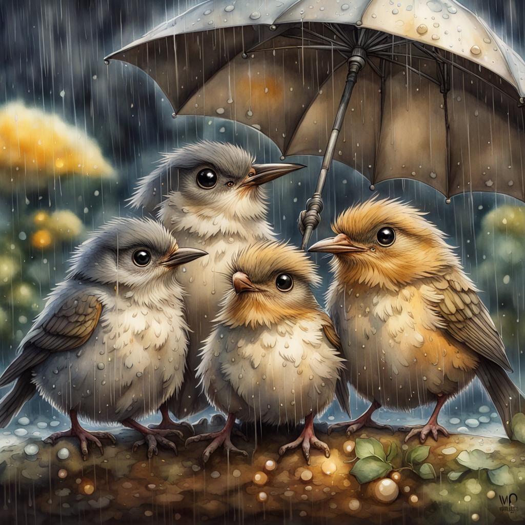 Cute little birds under an umbrella