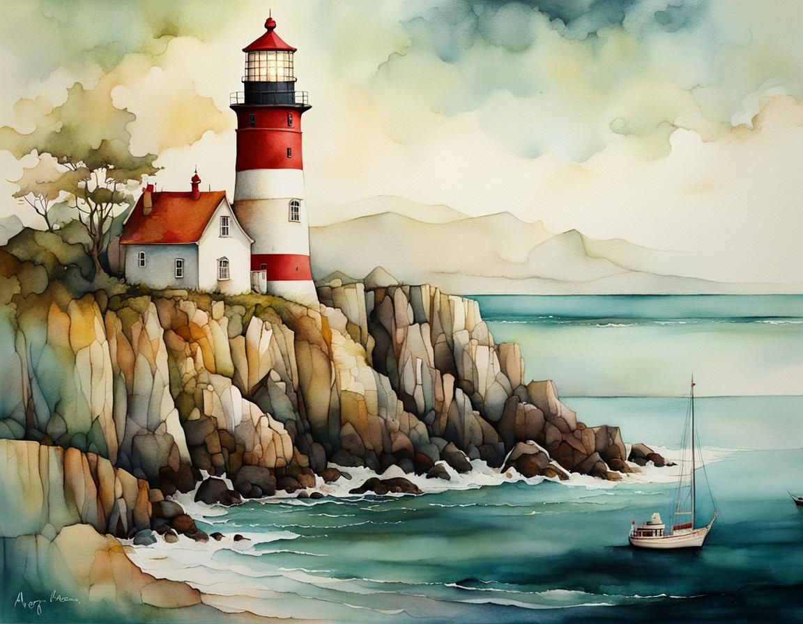 Whimsical Lighthouse Illustration with Cubist Details