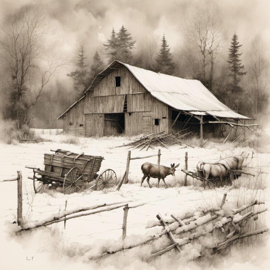 Amish Barn in Winter, Detailed Charcoal Sketch