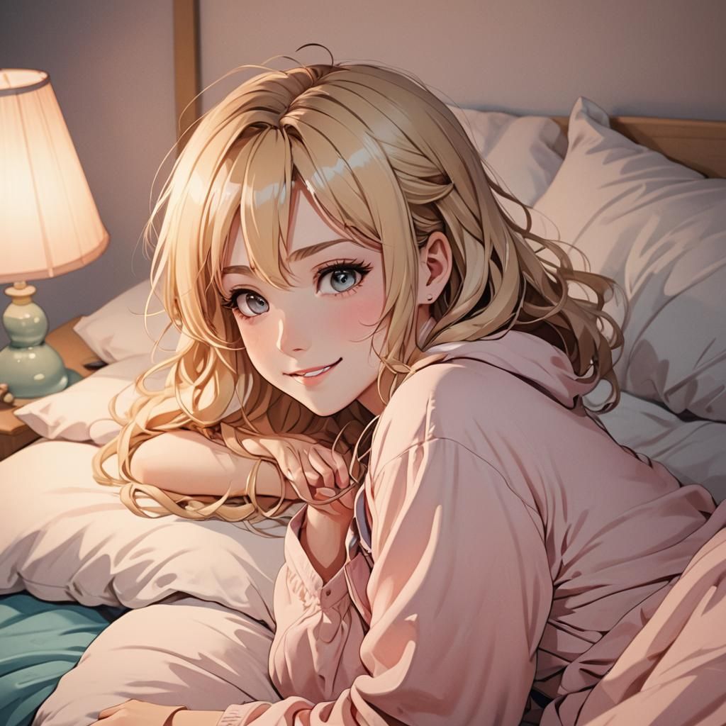 Smiling Anime Girl in Nightwear: Vibrant Pastel Illustration