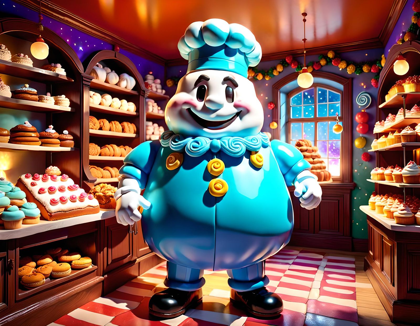 Hyperrealistic Mash Mallow Man in Candy Room